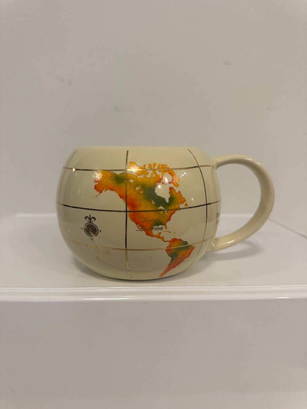 Vintage 1993 FTD World Map Globe Round Ceramic Coffee Mug Gold Trim